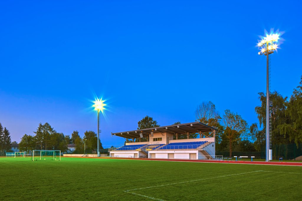 Iecava Stadium Monotubular Lightning High Mast Night Latvia Tecnopali seb-banka-galleria-riga-pils-tas-centrs