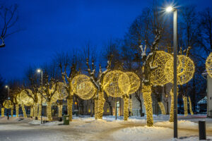 Decorative square lightning poles at Ogre